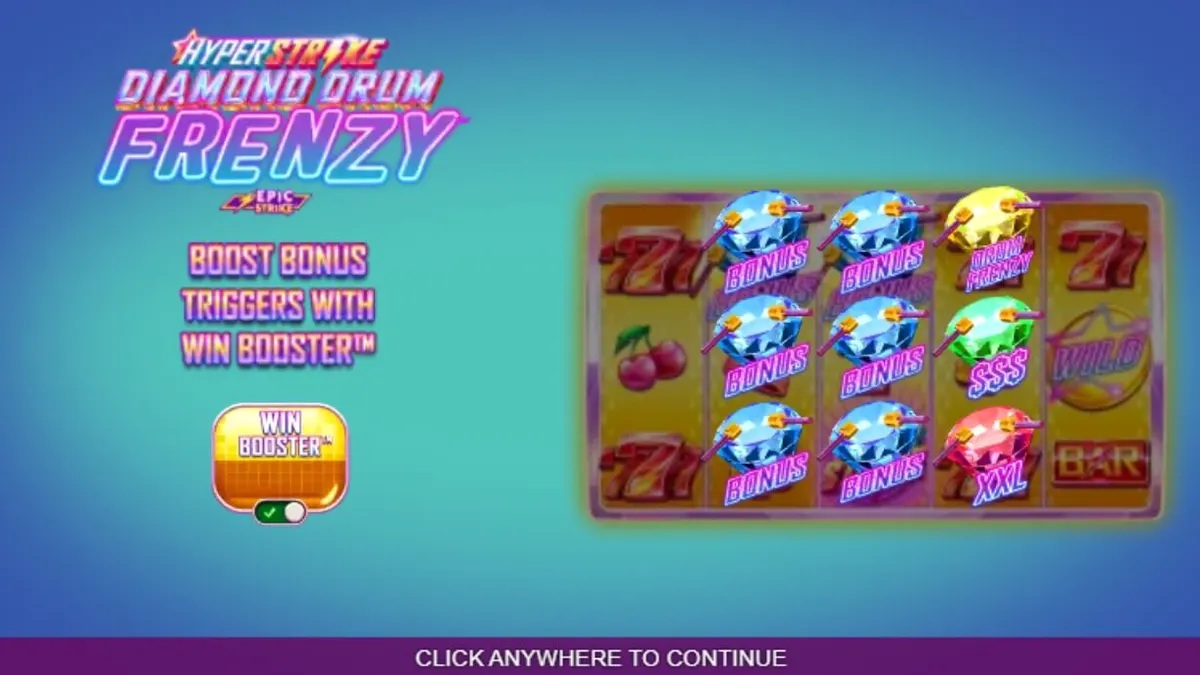 Tampilan layar mesin slot Hyper Strike Diamond Drum Frenzy dengan simbol neon dan drum emas.