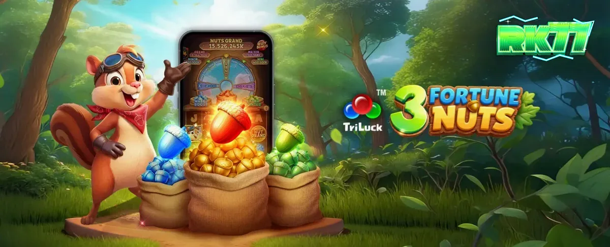 Tampilan visual slot 3 Fortune Nuts dengan tema hutan dan tupai